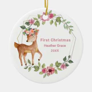Babys Erste Weihnachtsmädchen Hirsch Personalisier Keramik Ornament