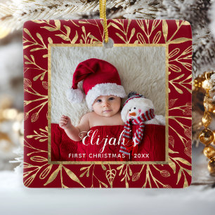 Babys Erste Weihnachtszeit Foto Gold Foliage Red Keramikornament