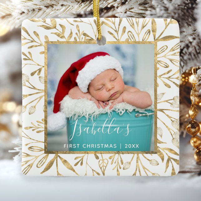 Babys Erste Weihnachtszeit Foto Gold Foliage White Keramikornament (Von Creator hochgeladen)