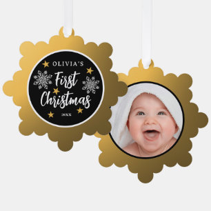 Babys Erste Weihnachtszeit Foto Schwarz und Gold Ornament Karte