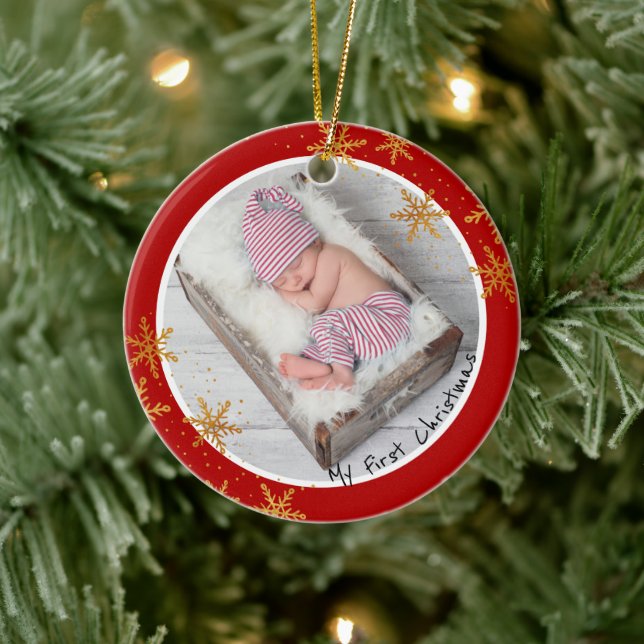 Babys Erste Weihnachtszeit Rotes Gold Snowflakes F Keramik Ornament (Baum)