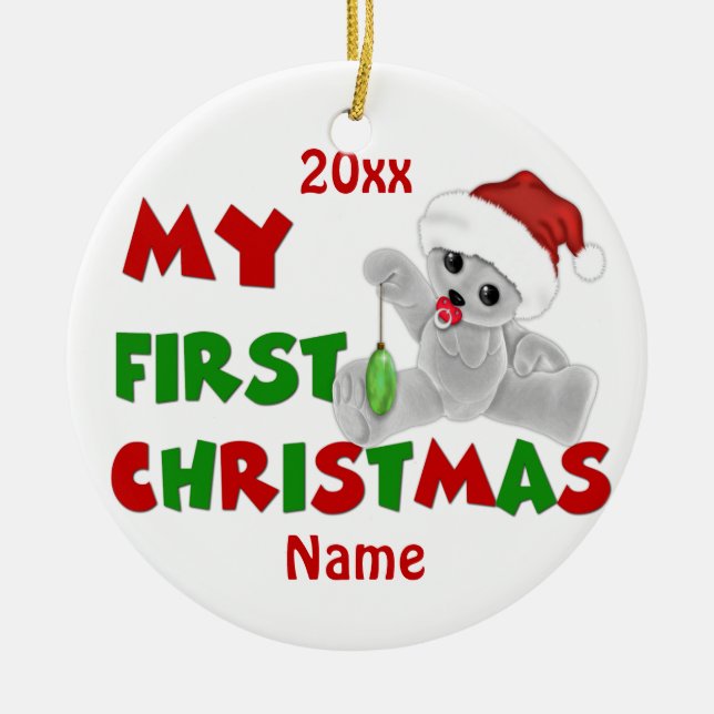 Babys erster Weihnachtsbär personalisiert Keramik Ornament (Vorne)