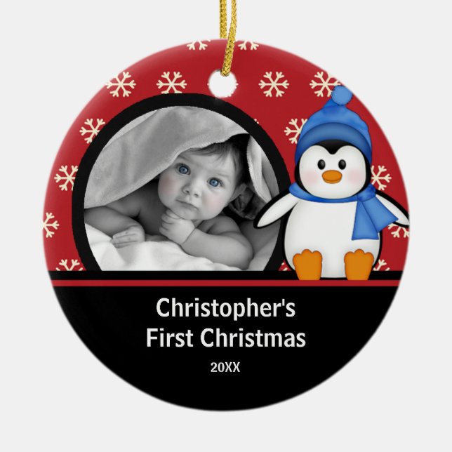 Babys erster WeihnachtsFoto-VerzierungPenguin Keramik Ornament (Vorne)