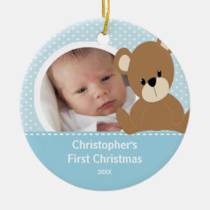 Babys erster WeihnachtsFoto-Verzierungs-Jungen-Bär Keramikornament