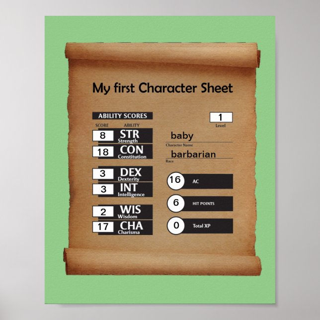Babys erstes Character Sheet Poster - Custom (Vorne)