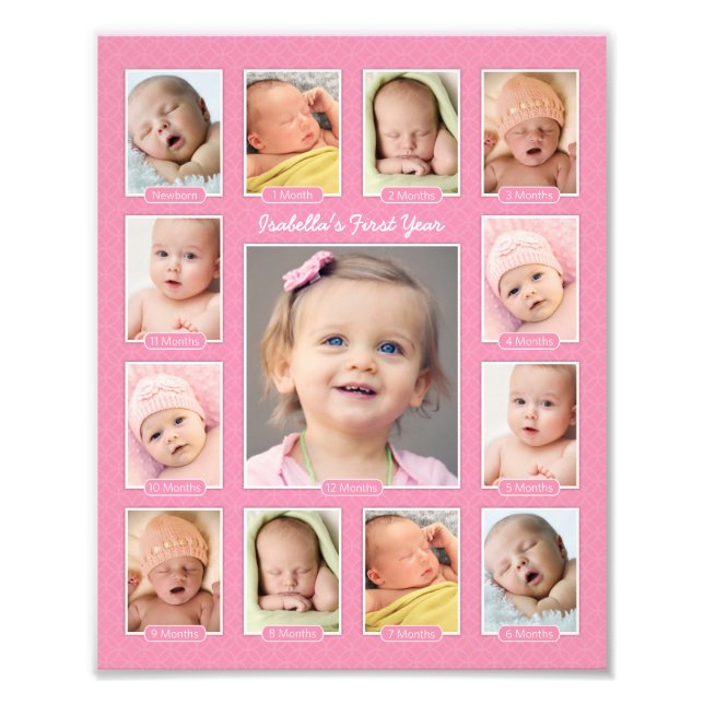 Babys erstes Jahr Pink Keepake Foto Collage (Vorne)