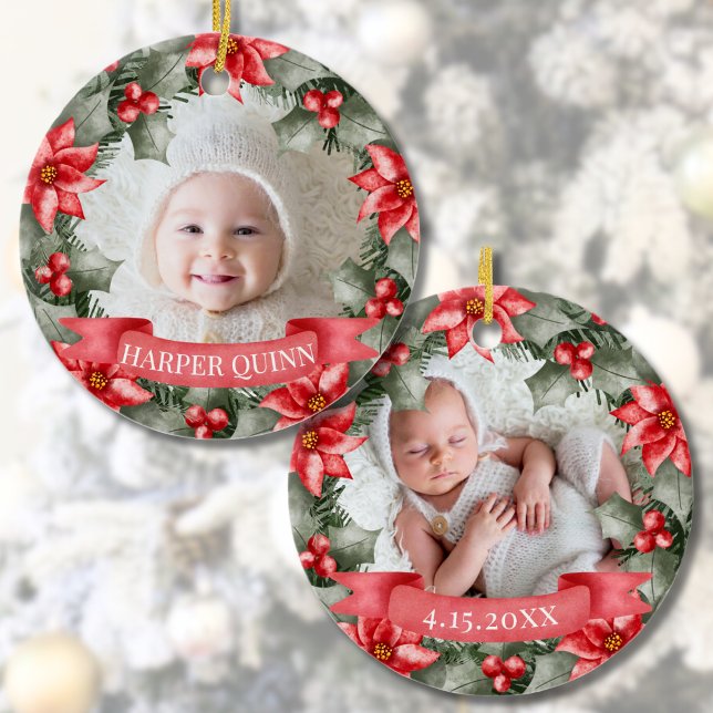Baby's erstes klassisches Blumenrahmen-Foto für We Keramik Ornament (Baby's First Christmas Classic Floral Frame Photo Ceramic Ornament)
