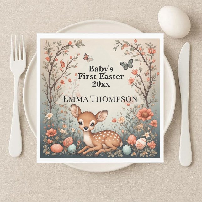 Baby's erstes Ostern Waldtiere Reh Frühling  Serviette (Baby's First Easter Woodland Animals Deer Spring Napkins)
