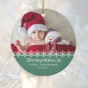 Baby's erstes Weihnachten 2023 Foto Grün Keramik Ornament