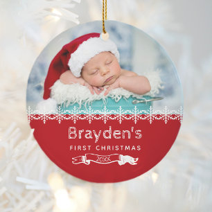 Baby's erstes Weihnachten 2023 Rot Weiß Benutzerde Keramik Ornament