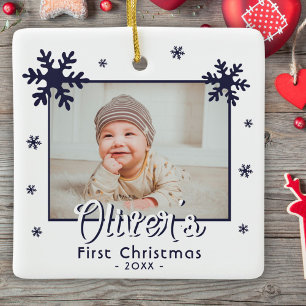 Baby's erstes Weihnachten blaue Schneeflocken Foto Keramikornament