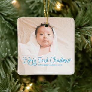 Babys erstes Weihnachten Foto Blau Keramikornament
