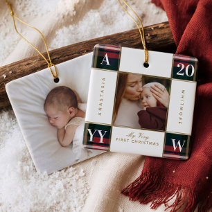 Baby's erstes Weihnachten Karo-Schachbrett-Foto Keramikornament