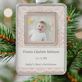 Baby's erstes Weihnachten Rosa Weiß Spitze Foto Rahmen-Ornament Silber