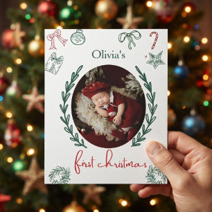 Baby's erstes Weihnachten Rot & Grün Foto Karte