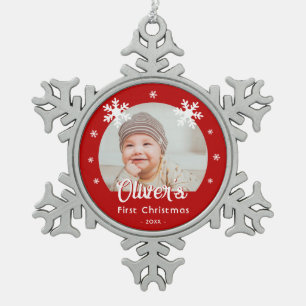 Baby's erstes Weihnachten rote Schneeflocken Foto Zinn-Ornament