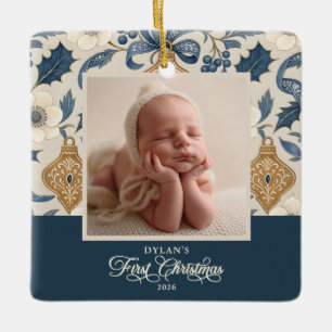 Baby's erstes Weihnachten Vintage-Bänder 2-Foto Keramikornament
