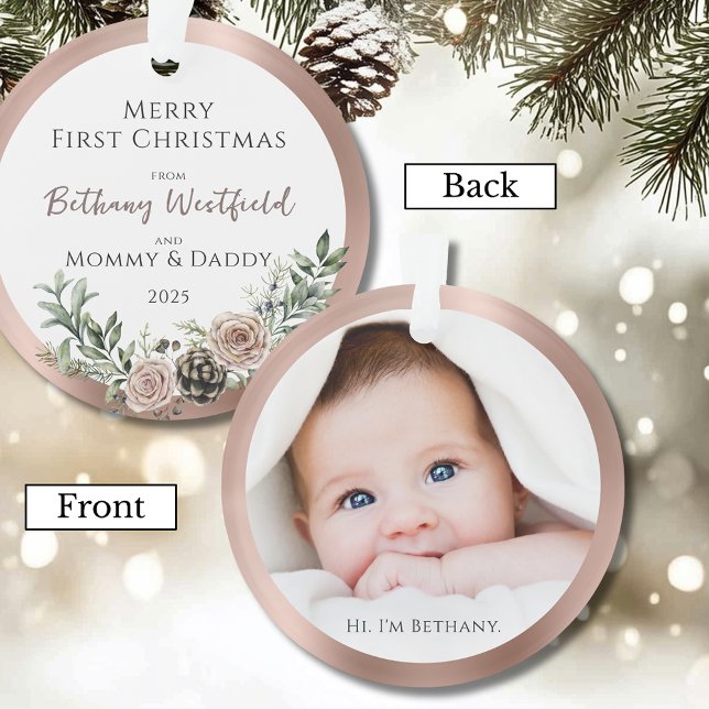 Baby's erstes Weihnachts-Roségold-Foto-Andenken Ornament (Baby's First Christmas Rose Gold Photo Keepsake Acrylic Ornament Gift for Family and Friends)