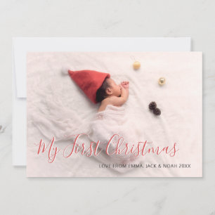 Babys Erstes Weihnachts-Rote Skriptfamilie Foto Feiertagskarte