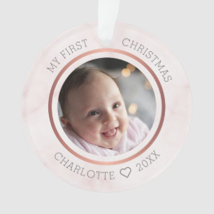 Babys erstes Weihnachtsfest-Foto Moderne rosa Marm Ornament