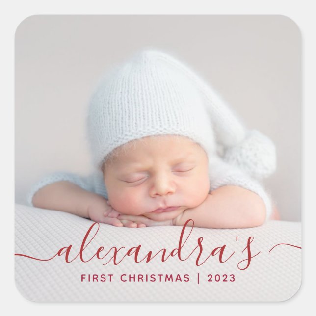 Babys Erstes Weihnachtsfest Foto Quadratischer Aufkleber (Vorderseite)