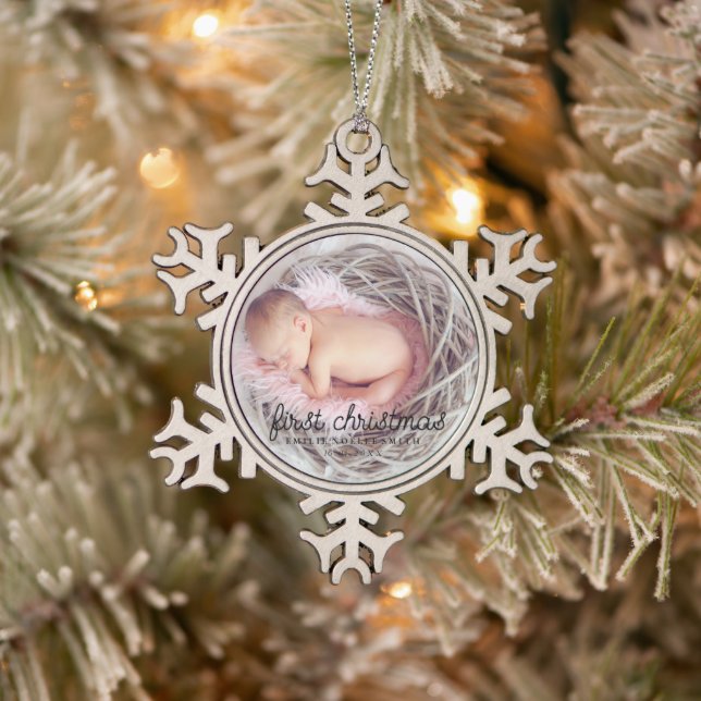 Babys erstes Weihnachtsfest-Foto Schneeflocken Zinn-Ornament (Baum)