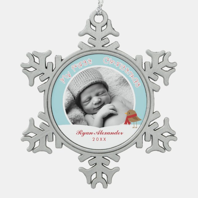 Babys erstes Weihnachtsfest-Foto Schneeflocken Zinn-Ornament (Vorderseite)
