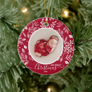 Baby's erstes Weihnachtsfoto auf Cranberry Keramik Ornament