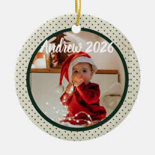 Baby's erstes Weihnachtsfoto auf grünen Punkten Keramik Ornament