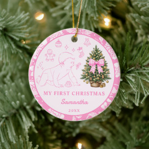 Baby's erstes Weihnachtsfoto Blush Pink Spitze Keramik Ornament