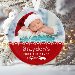 Baby's erstes Weihnachtsfoto Rot Ornament