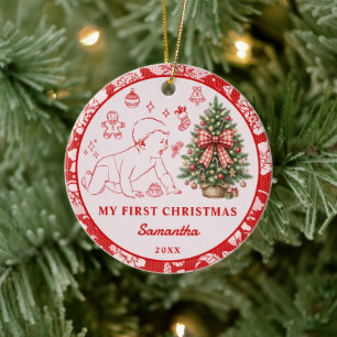Baby's erstes Weihnachtsfoto Roter Spitze-Ornament Keramik Ornament