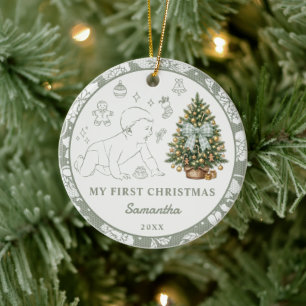 Baby's erstes Weihnachtsfoto Sage Green Spitze Keramik Ornament