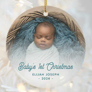 Baby's erstes Weihnachtsfoto Teal Retro Schrift Keramik Ornament