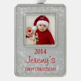 Baby's erstes Weihnachtsfoto Template Silver Red Rahmen-Ornament Silber