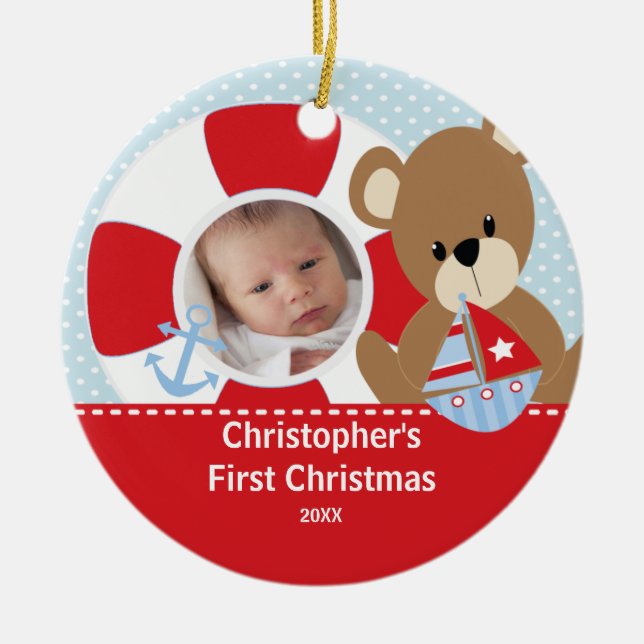 Babys erstes WeihnachtsFoto-Verzierungs-Segelboot Keramikornament (Vorne)
