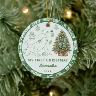 Baby's erstes Weihnachtsfoto Waldgrün Spitze Keramik Ornament