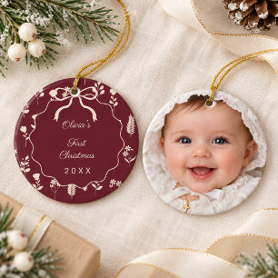 Baby's erstes Weihnachtsfoto Wildblumen burgunderr Keramik Ornament