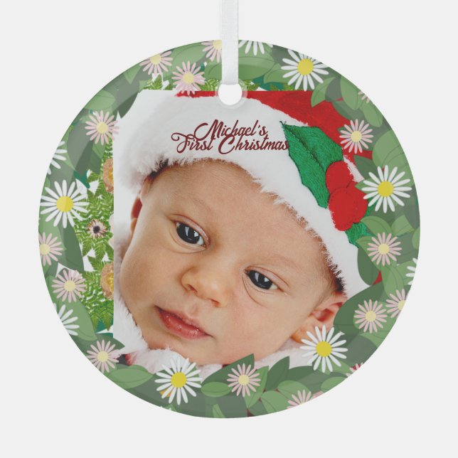 Baby's erstes Weihnachtskranz Blumenkreuz Foto Ornament Aus Glas (Vorderseite)