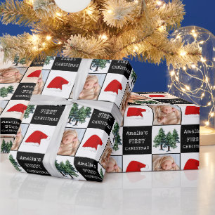Baby's erstes Weihnachtsmann-Hut-Schnee-Baum-Foto Geschenkpapier
