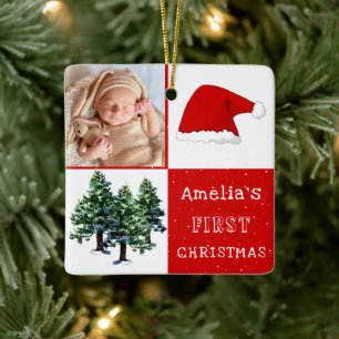 Baby's erstes Weihnachtsmann-Hut-Schnee-Baum-Foto Keramikornament