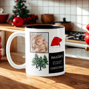 Baby's erstes Weihnachtsmann-Hut-Schnee-Baum-Foto Zweifarbige Tasse