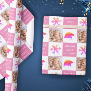 Baby's erstes Weihnachtsmann-Hut-Schneeflocken-Fot Geschenkpapier