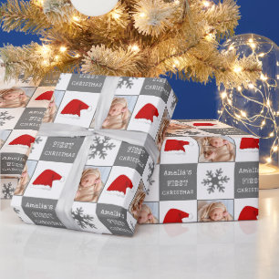 Baby's erstes Weihnachtsmann-Hut-Schneeflocken-Fot Geschenkpapier
