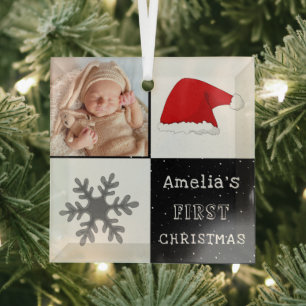 Baby's erstes Weihnachtsmann-Hut-Schneeflocken-Fot Ornament Aus Glas