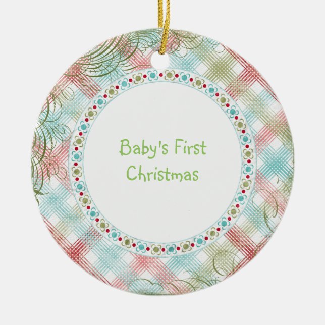 Babys erstes Weihnachtswunderliches kariertes Keramik Ornament (Vorne)
