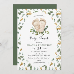 Baby's Feet Eucalyptus Greenery Script Baby Shower Einladung