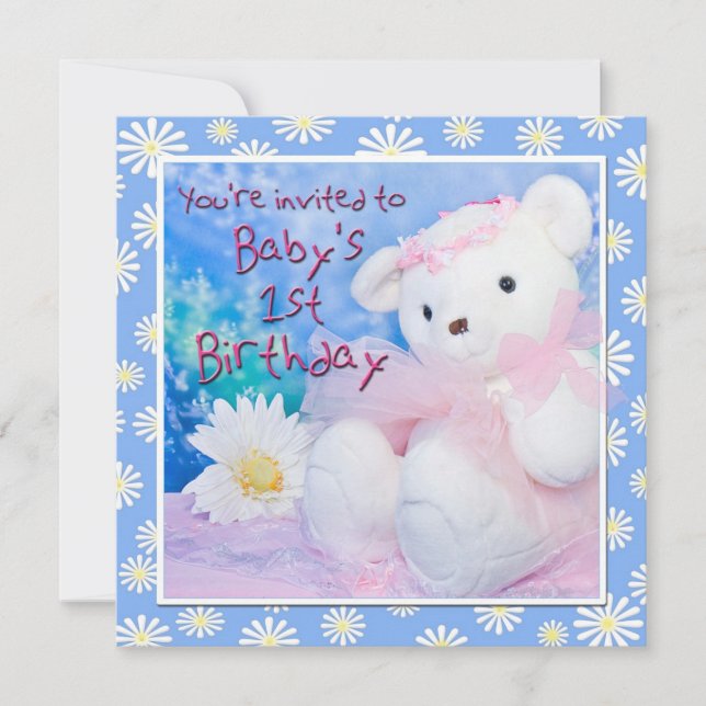 Baby's First Birthday Teddy Bear & Daisies Einladung (Vorderseite)