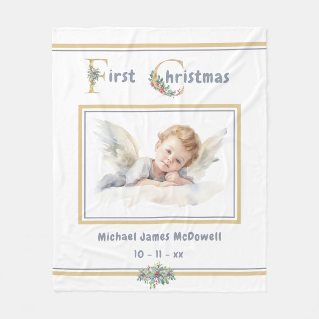 Baby's First Christmas Angel Gold White Christmas Fleecedecke (Vorderseite)