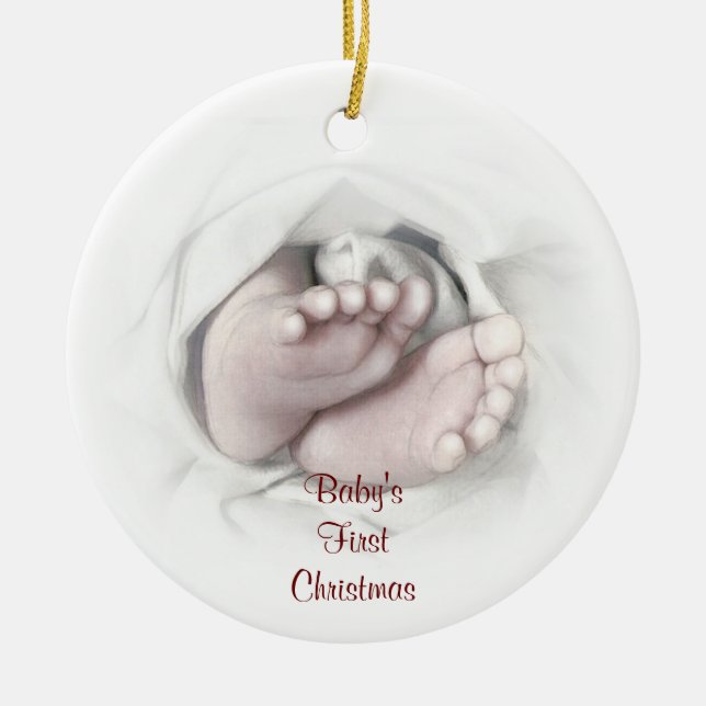Baby's First Christmas baby Feet Bleistiftskizze Keramikornament (Vorne)
